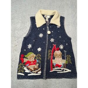 KIKIT Studio Vintage Winter Bear Embroidered Sweater Vest Blue Sherpa Collar Med